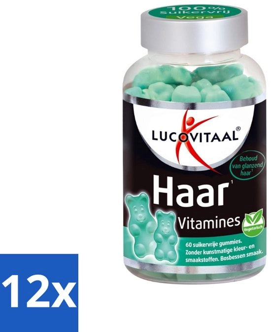 12 x Supplemento per Capelli - Vitamine per Capelli - Senza Zucchero - Sapore di Mirtillo - 60 Gomme - Vitamine per Capelli - Gomme per Capelli - Biotina - Zinco - Gomme Senza Zucchero