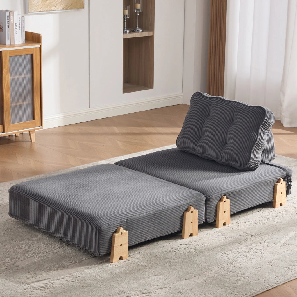 Poltrona letto pieghevole in corduroy grigio scuro; design nordico; 90x86x84 cm; con struttura in legno