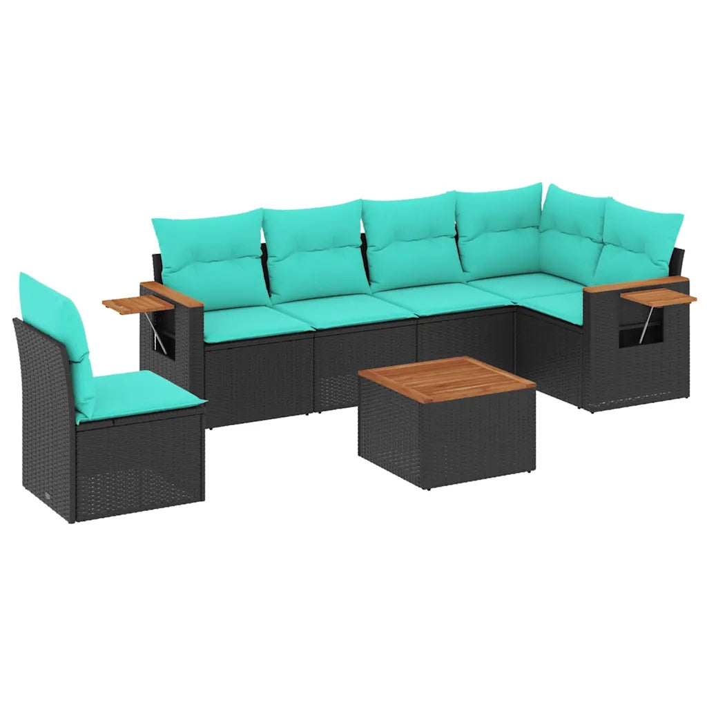 Set Divani da Giardino 7 pz con Cuscini Nero in Polyrattan