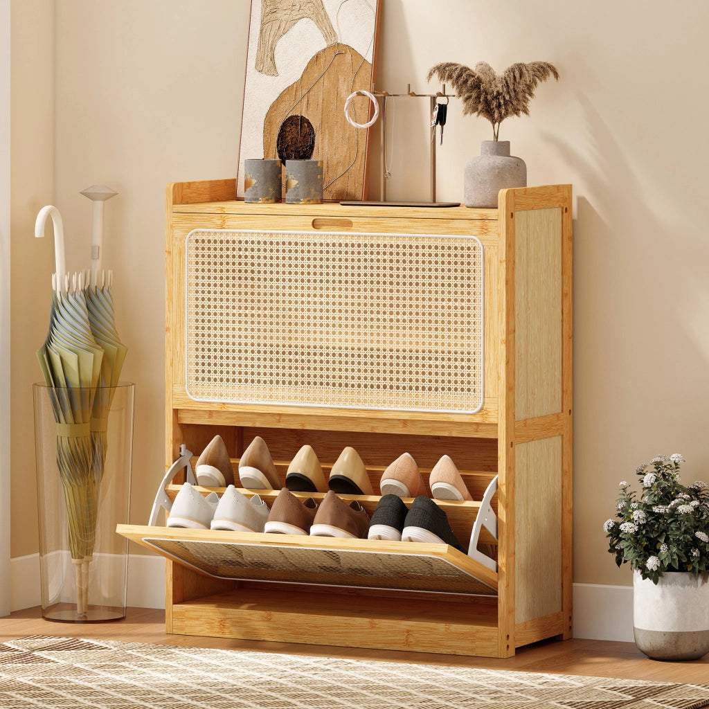 Mobiletto per Scarpe con 2 Cassetti ¨C Minimal ¨C 69x29x83 cm in Bamb¨´ e Rattan