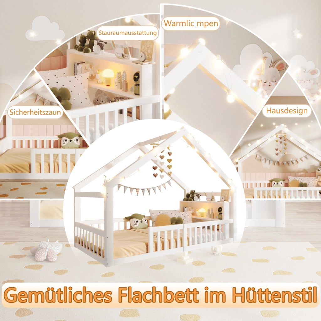 OKWISH Letto a Casetta 90×190 cm, Letto Singolo con Spondine, Mensole e Lucine Decorative, senza Materasso, in Pino, Bianco