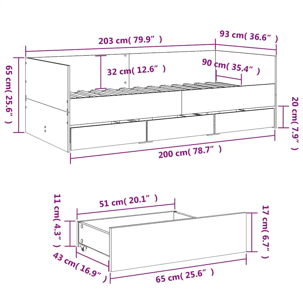 Divano letto | Sof¨¤ letto | Letto singolo con Cassetti senza Materasso Rovere Fumo 90x200 cm