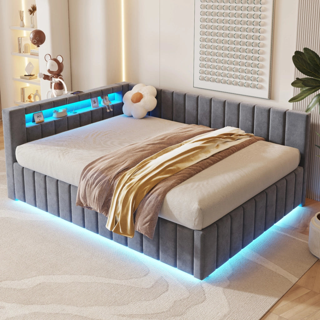 Letto imbottito 140x200 con contenitore idraulico, LED e USB