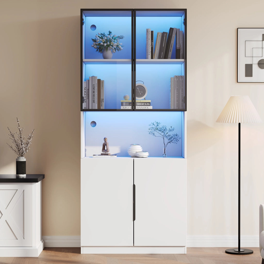 Vetrina con ante in vetro; vano aperto e illuminazione LED - 80x30x200 cm - bianco