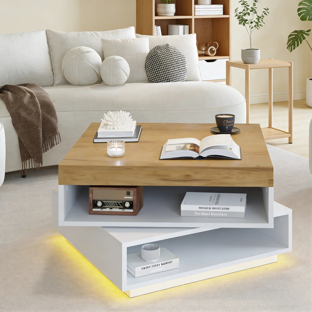 Tavolino quadrato 65¡Á65¡Á40 cm con piano girevole a 360¡ã, illuminazione LED e ripiani aperti, Bianco + effetto legno