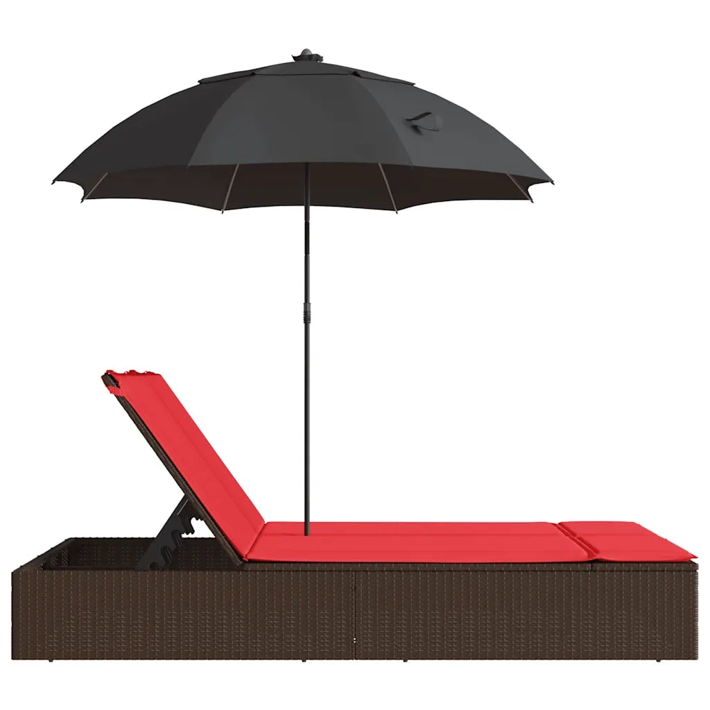 Lettino Prendisole Doppio Cuscini e Parasole Marrone Polyrattan 368087