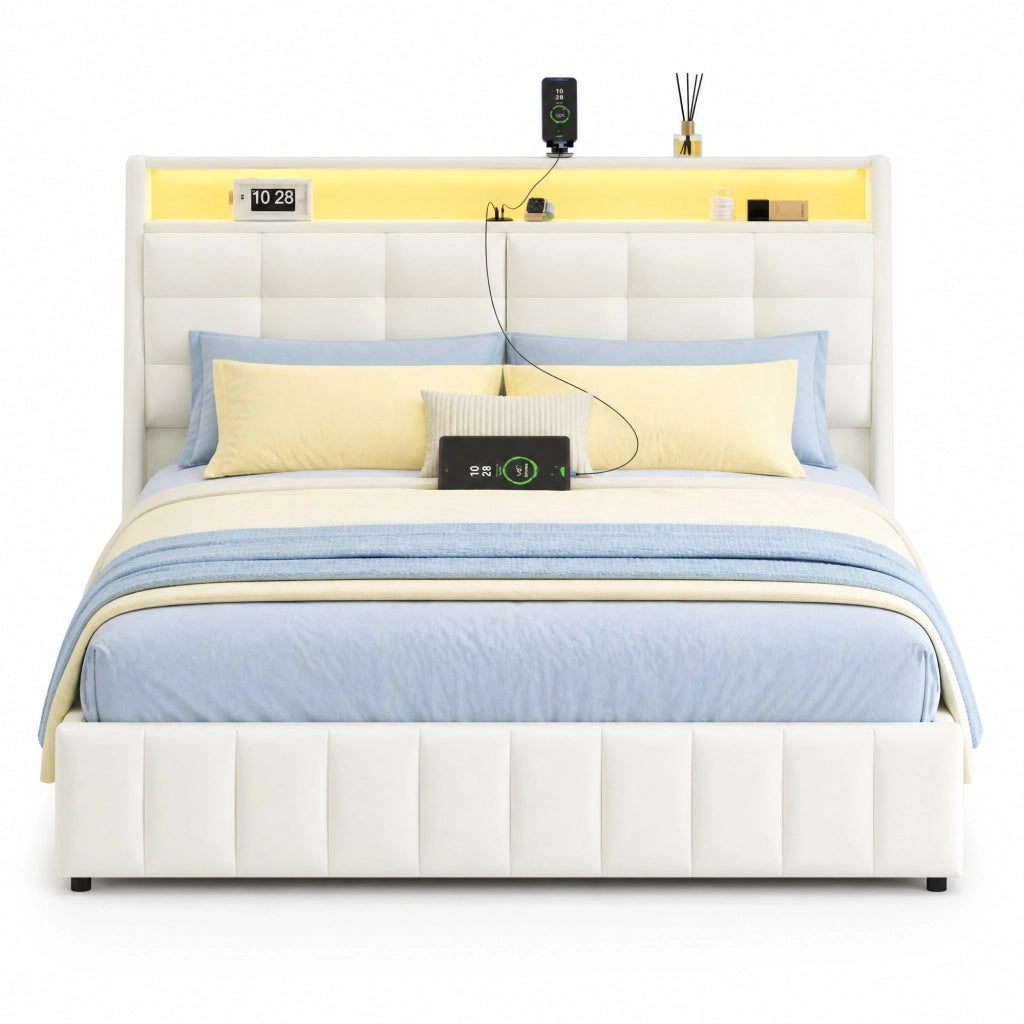 Letto piattaforma imbottito 160x200 cm con LED, USB e contenitore, bianco