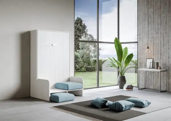 Letto una piazza e mezzo a scomparsa 120 Kentaro con divano bianco frassino, azzurro