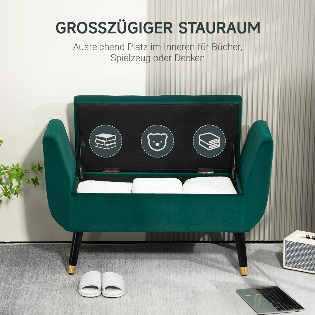 Panca Contenitore, Seduta da Ingresso con Coperchio Ribaltabile e Gambe in Legno, Poliestere Verde