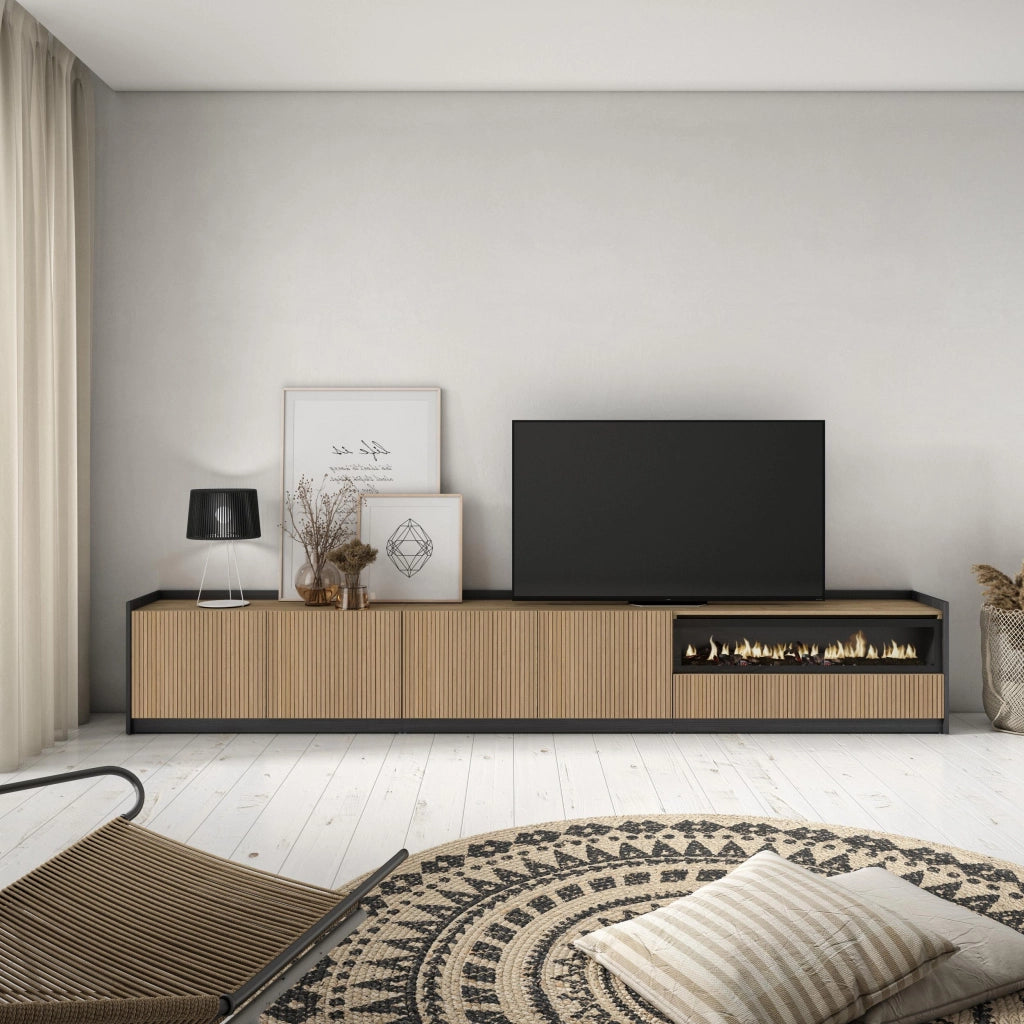 Mobile TV Soggiorno, 310x50x37 cm, Per TV fino a 80", Camino elettrico, Rovere e nero