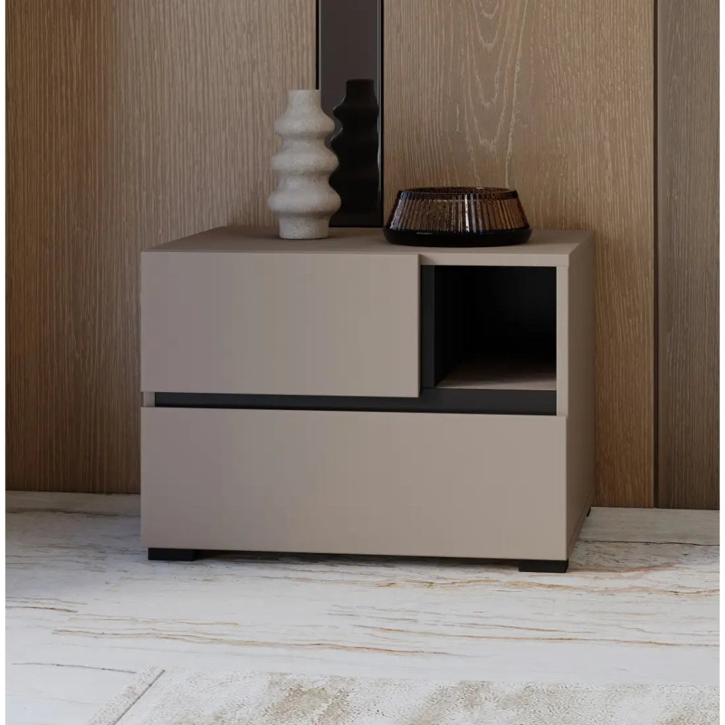 Tavolino da notte HAVANA beige e nero – 2 cassetti e 1 nicchia – Contenitore moderno ed elegante design