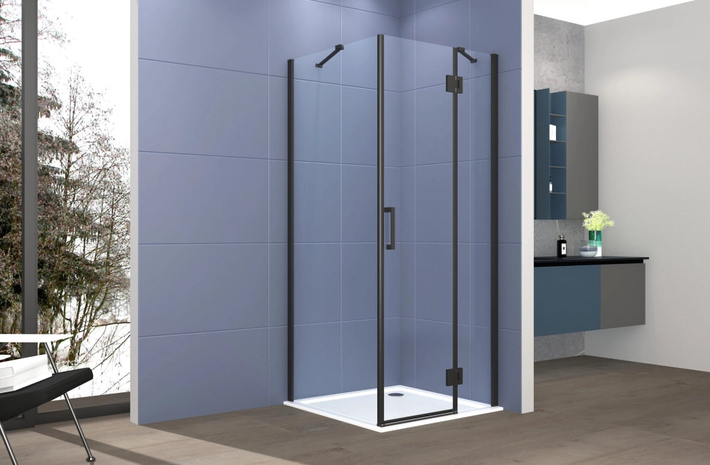 Box doccia 2 lati 100x80 cm fisso + porta un battente H200 cm cristallo 6mm profilo Nero Opaco PIPPO