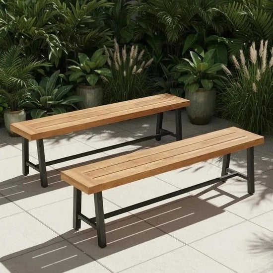 Banco da giardino in legno di acacia da 3 posti senza schienale, 63 pollici, set da 2