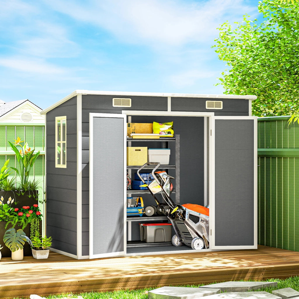 Casetta da giardino 2,4x1,3m ¨C Xylo ¨C resina grigio con pavimento finestra porte