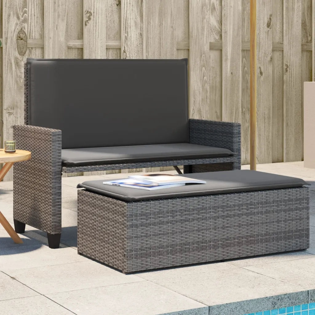Panchina da Giardino | Panca da Giardino con Cuscini e Poggiapiedi Grigia Polyrattan