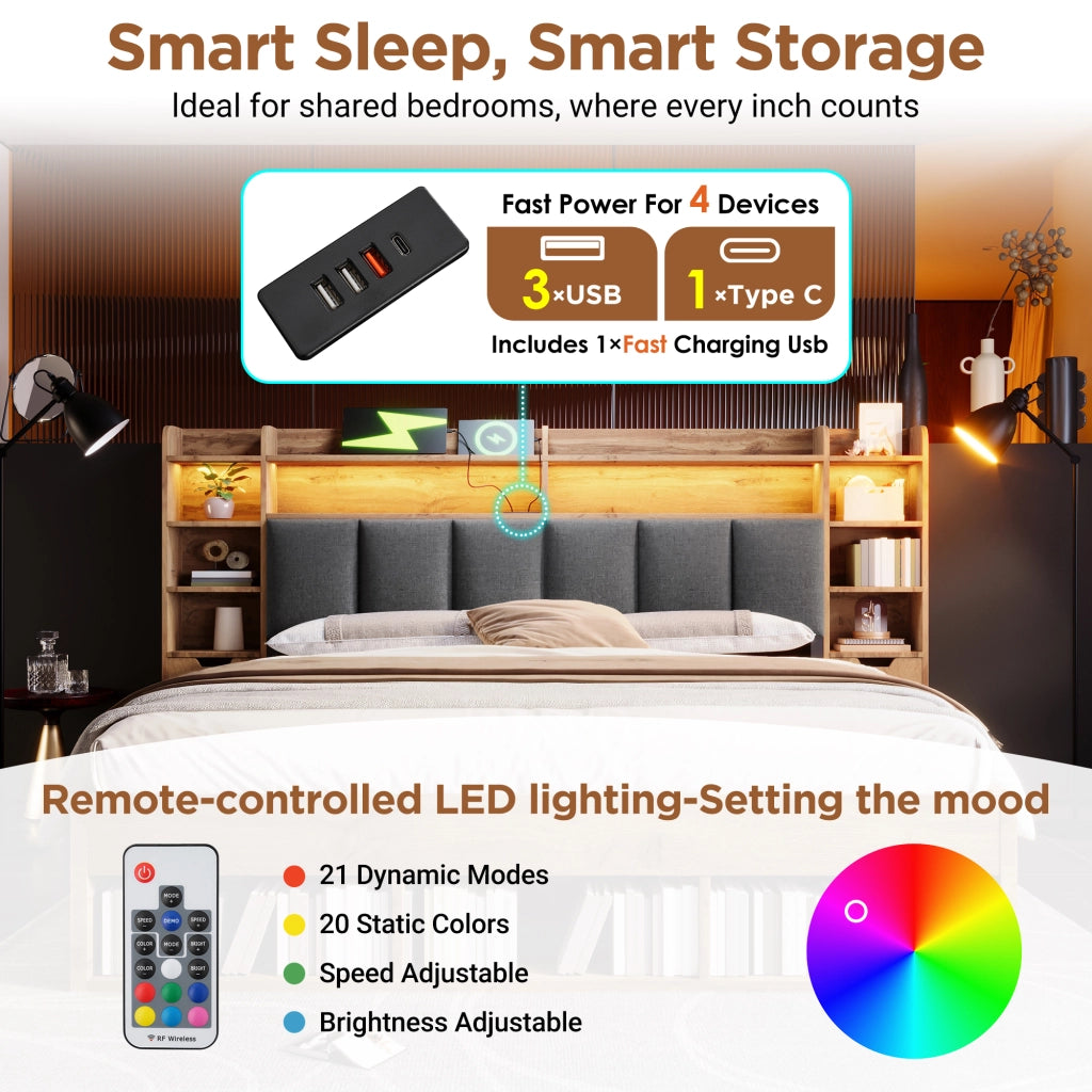DESMIU Litto Combinato 160 × 200 cm 2 posti con LED, USB, Type-C, vano contenitore e cassetti, senza materasso, in legno, rovere