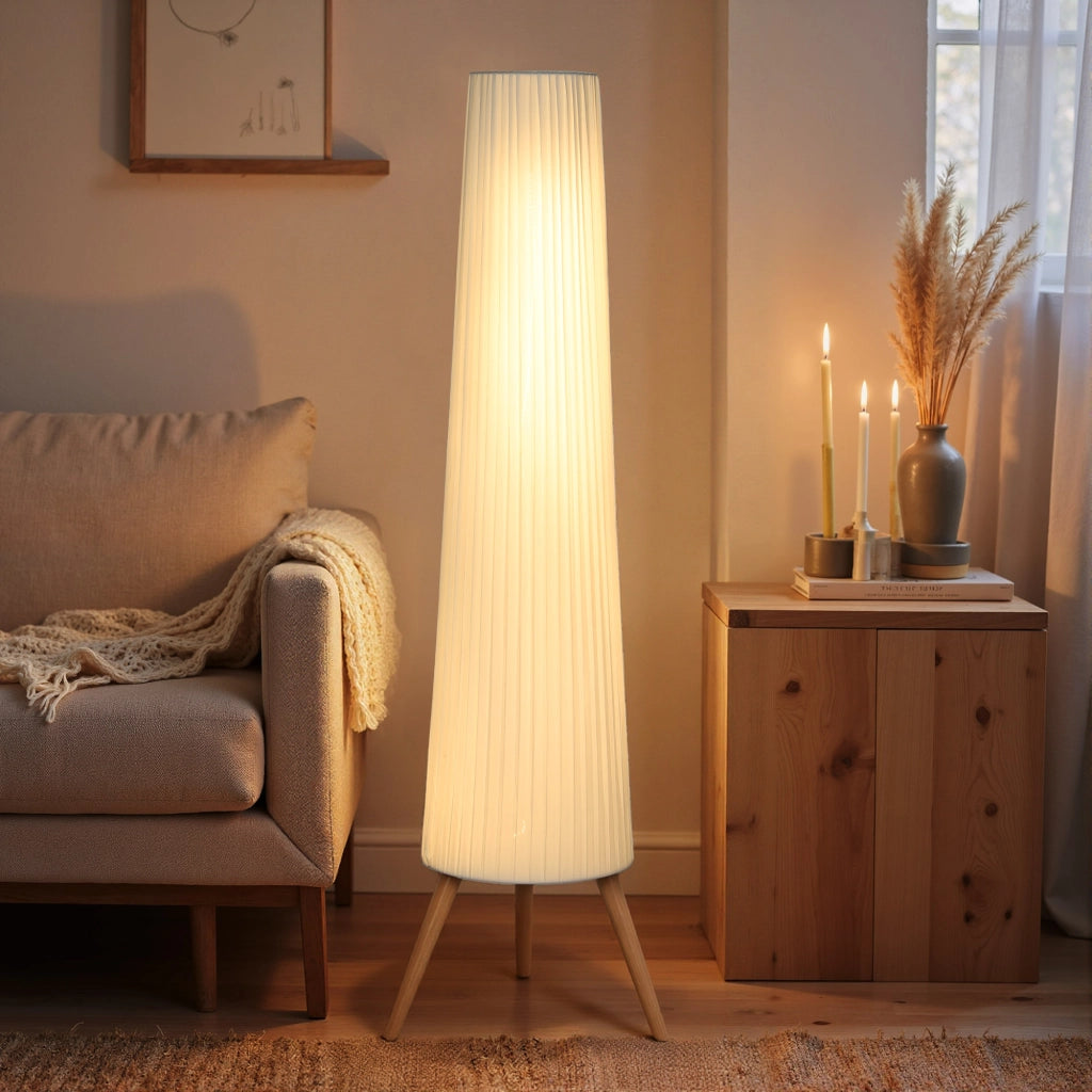 Lampada da Terra LED Dimmerabile ¨C Xylo ¨C Legno Treppiede Bianco con Interruttore 46x46x153cm