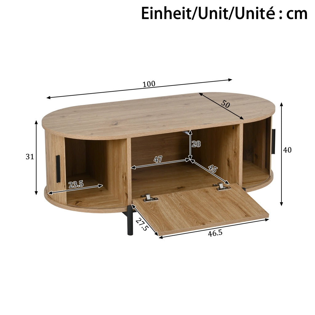 Tavolino da caffè ovale in MDF effetto legno naturale con ante in rattan e gambe in metallo nero, con vano contenitore
