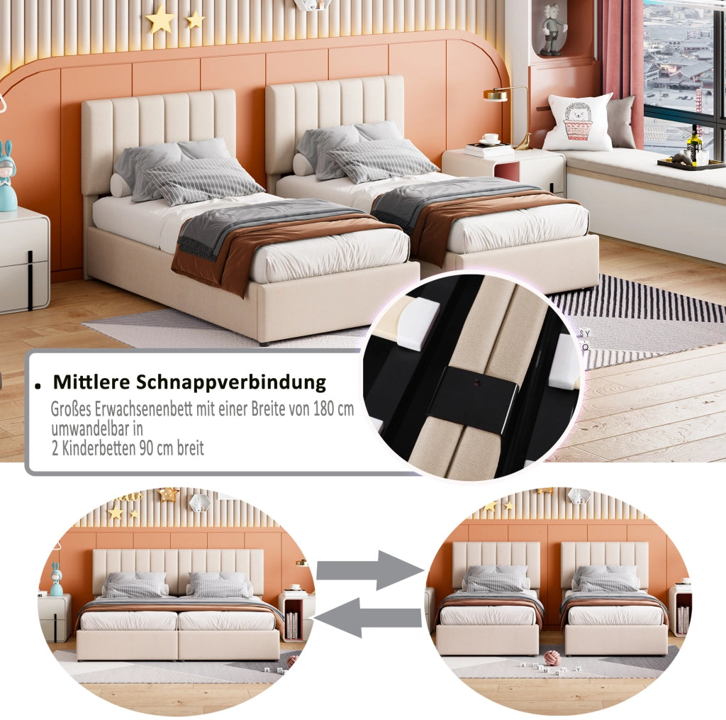 Letto matrimoniale imbottito 180x200 cm con contenitore idraulico; lino beige