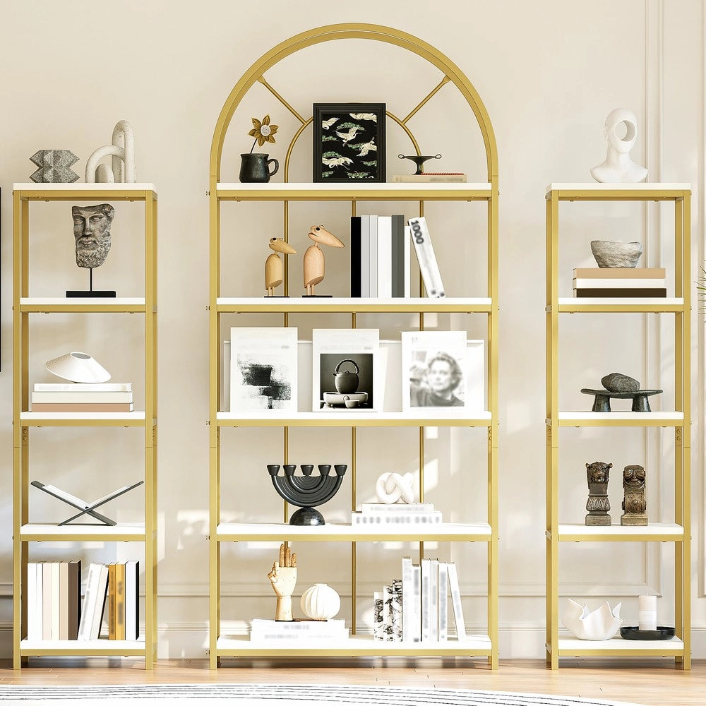 Set di scaffali modulare con arco - Zephmum- 163¡Á30¡Á184 cm - Telaio metallico dorato e piani MDF bianchi
