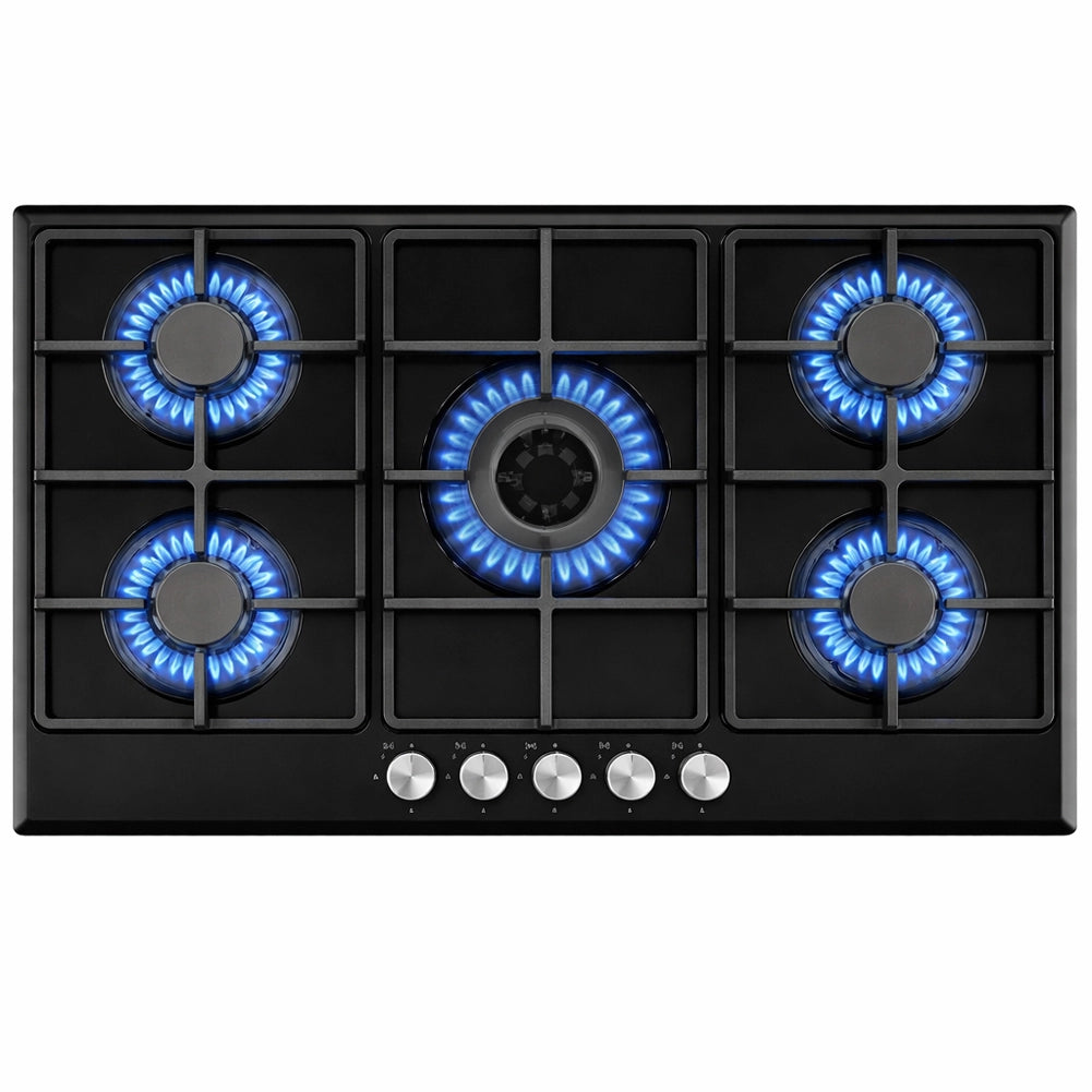 Piano Cottura 5 Fuochi Gas da Incasso 90x55cm in Acciaio Nero e Ghisa per Cucina