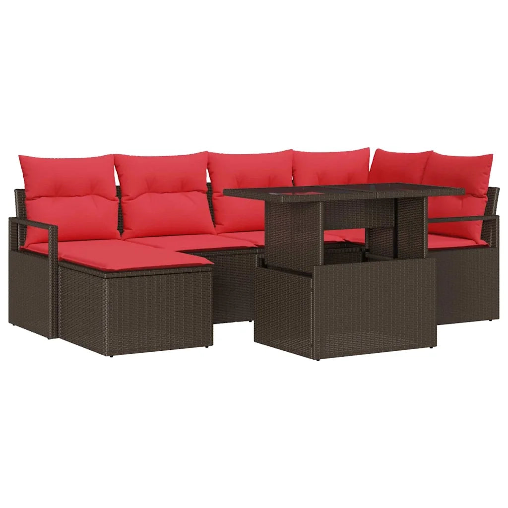 Set Divano da Giardino 7 pcs Marrone e Rosso Poly Rattan 3348860
