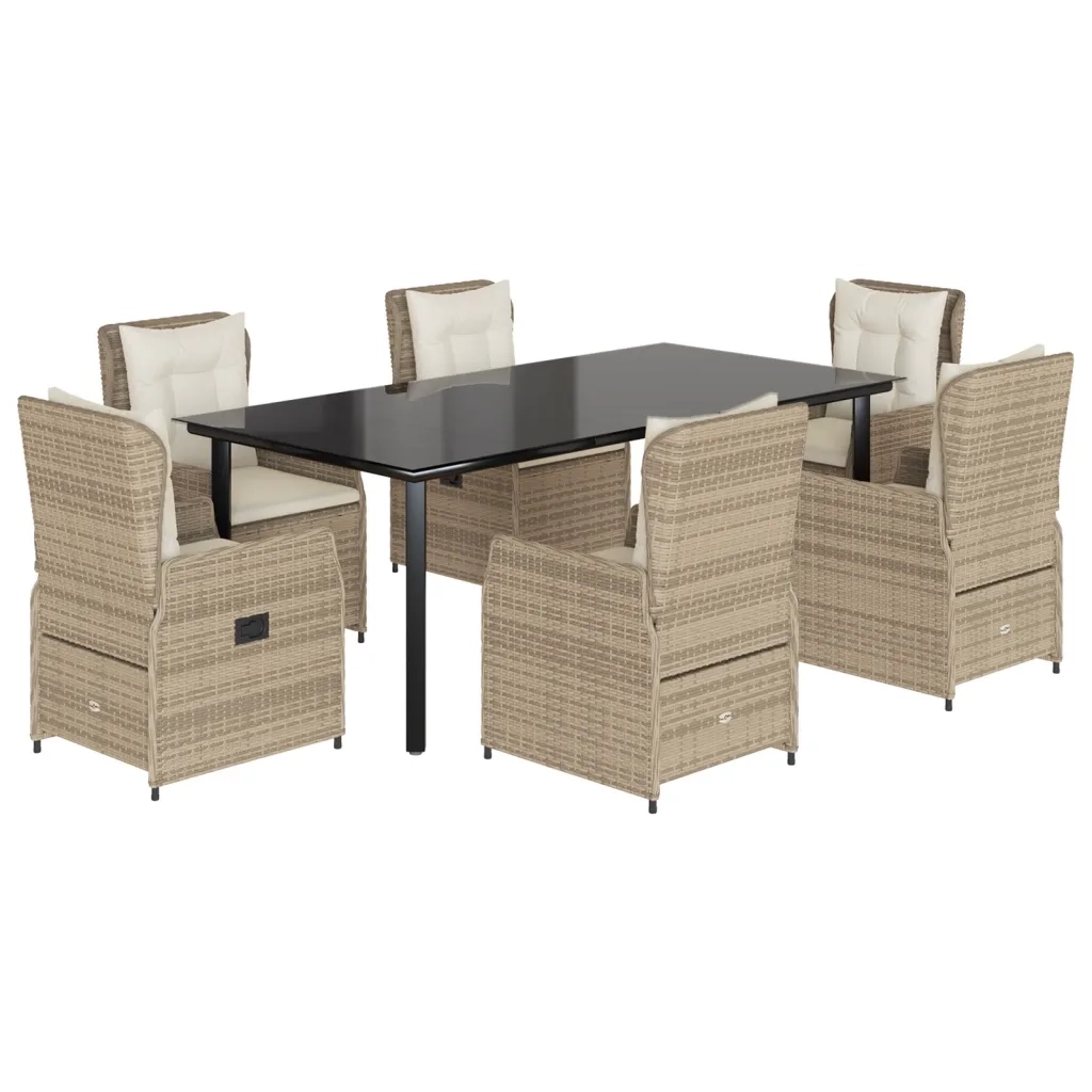 Set da Pranzo da Giardino 7 pz con Cuscini Beige in Polyrattan