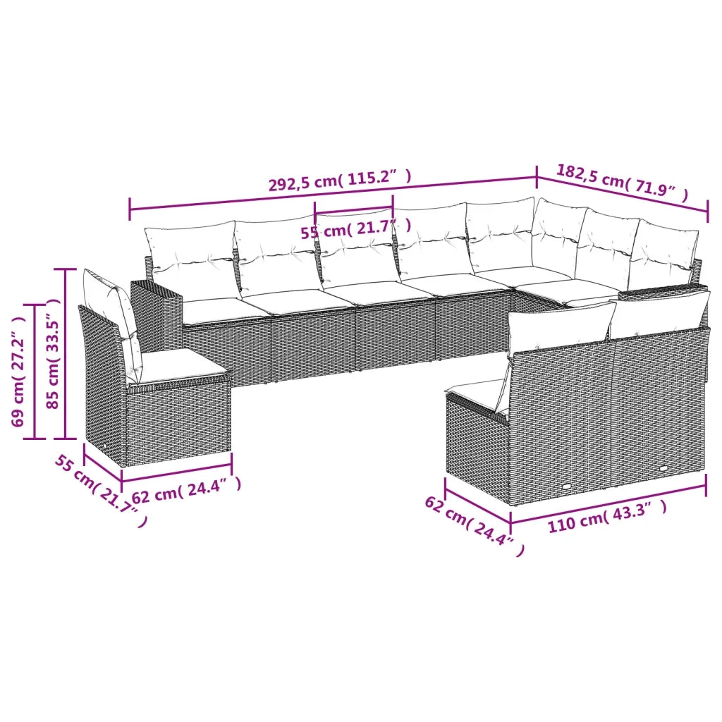 Set Divani da Giardino 10pz con Cuscini in Polyrattan Marrone 3219103