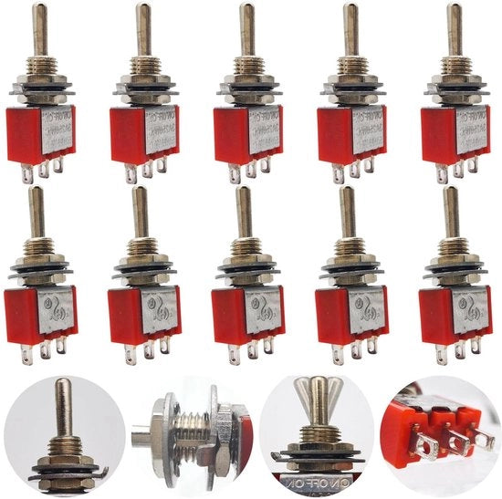 Mini Interruttore AC 125 V 6 A / 250 V 2 A SPDT ON-OFF-ON 3 poli 3 posizioni - Rosso (10 pezzi)