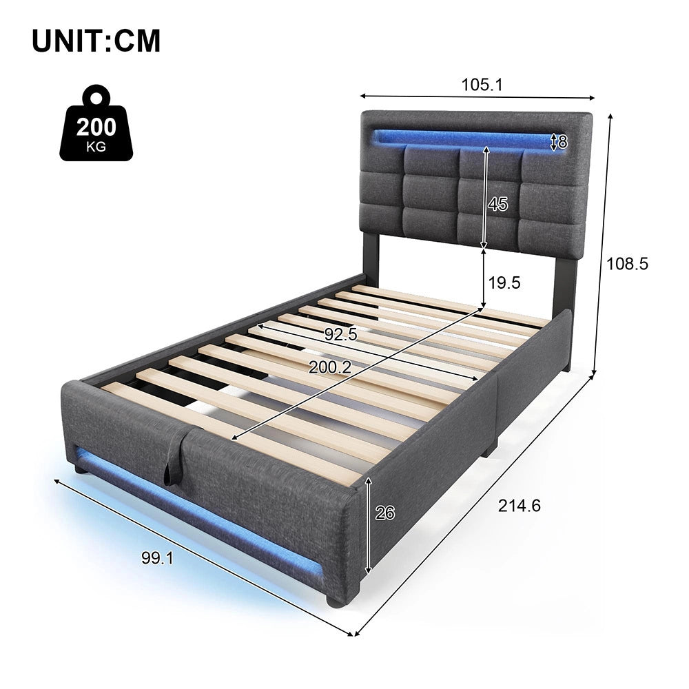 Letto imbottito - Xylo - 90x200 cm LED USB app comando grigio