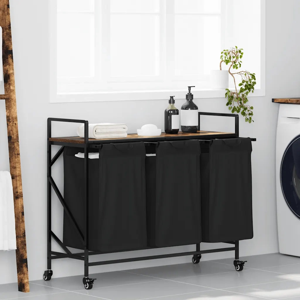 Cesto della Biancheria 3 Scomparti con Ruote Rovere Fumo 859092