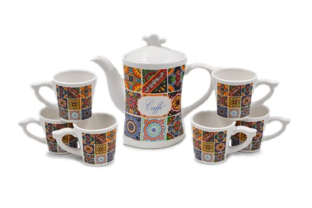 Set 6 Tazzine Tazze Caffe' Caffettiera in Ceramica con Vassoio Decoro Sicily