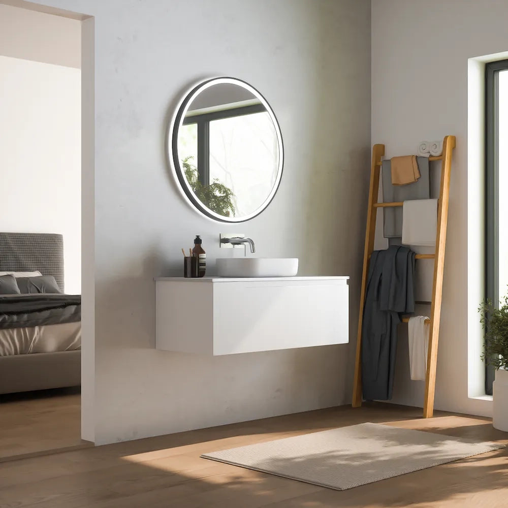 Mobile bagno sospeso 90 cm un cassetto bianco opaco con top | Ardenne