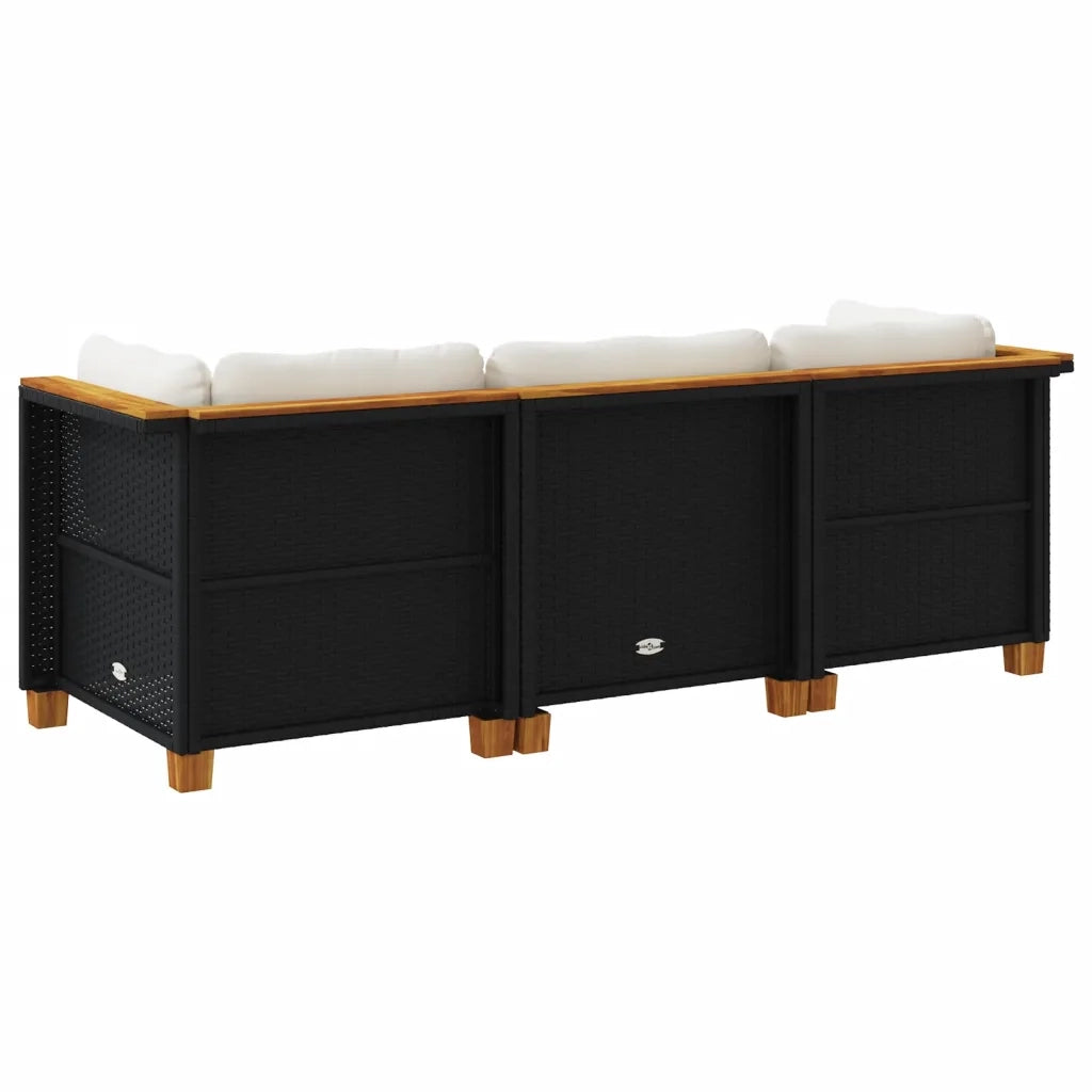 Divano da Giardino a 3 Posti con Cuscini-Sofa da Giardino-Divano da esterno Nero in Polyrattan 108380