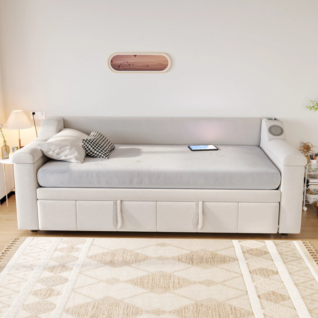 DIVANO LETTO 90/180x190 cm Beige con Bluetooth, USB e vani