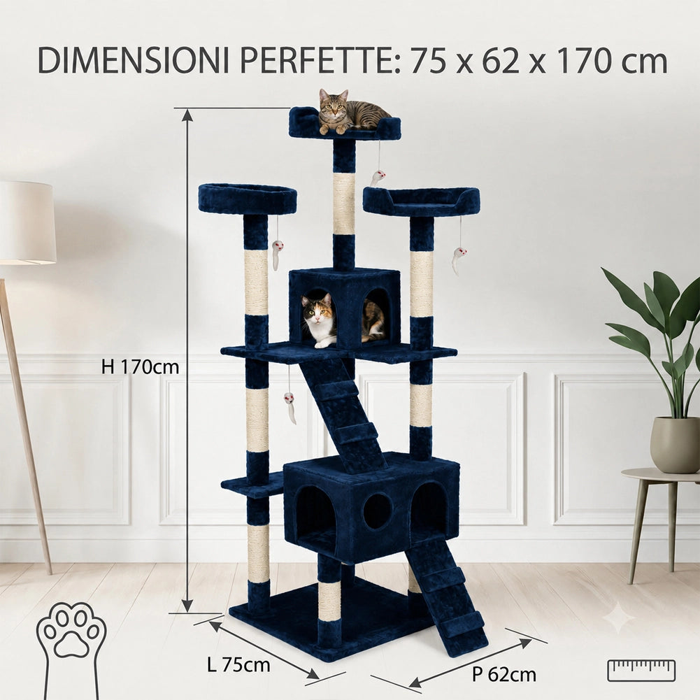 Tiragraffi Per Gatti Albero Sisal Parco Giochi Gatto Tira Graffi 170cm Blu Scuro