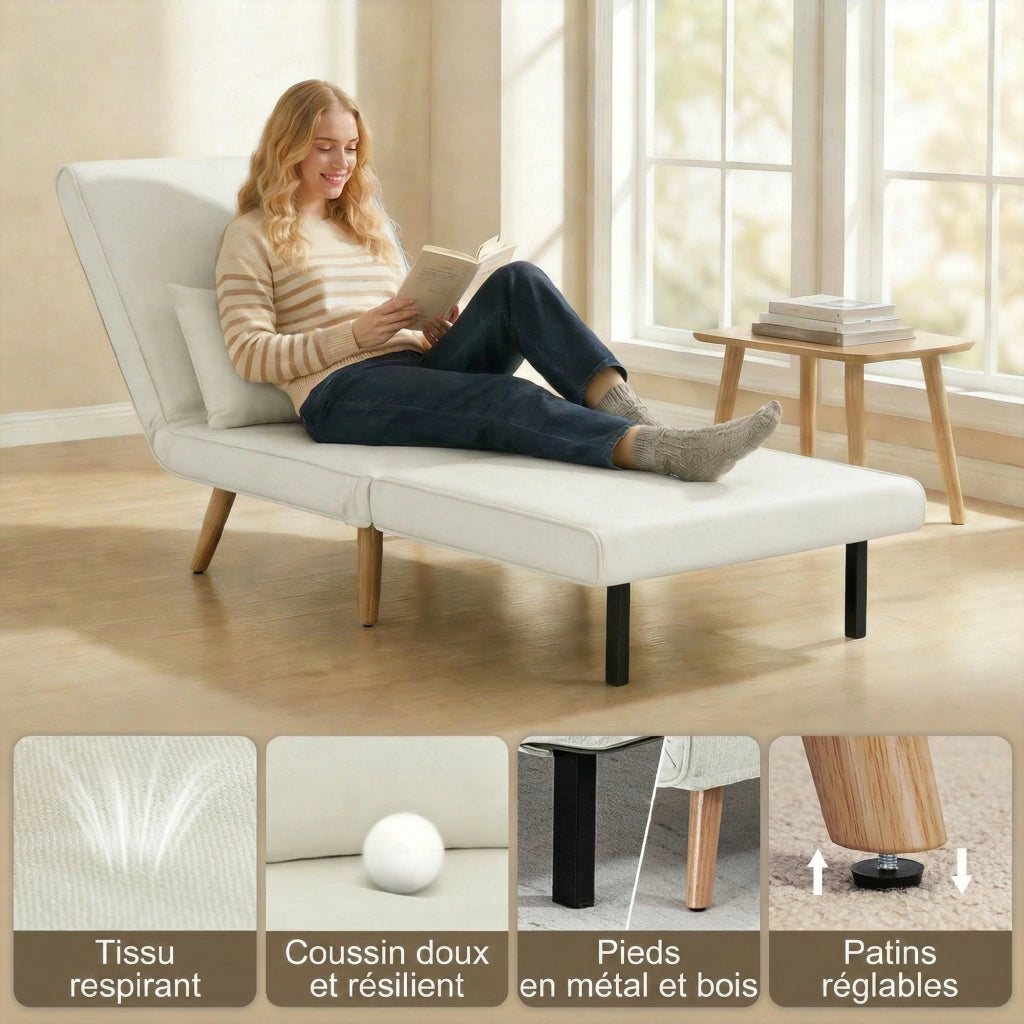 Poltrona letto convertibile 3 in 1 con cuscino ¨C Xylo ¨C tessuto crema schienale 5 posizioni