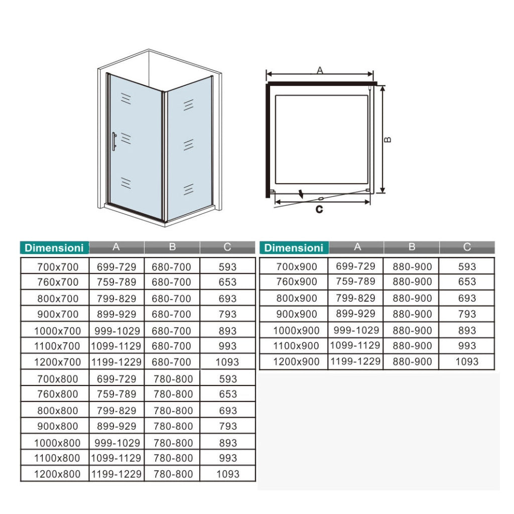 185 cm Box Doccia Angolare Porta Battente 100 cm Parete Fissa 90 cm Vetro da 6 mm Temperato Anticalcare Barra Stabilizzatrice 45 cm Cromo Lucido