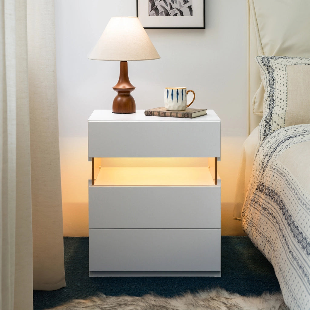 COMODINO con LED e 3 cassetti Bianco in pannello di legno