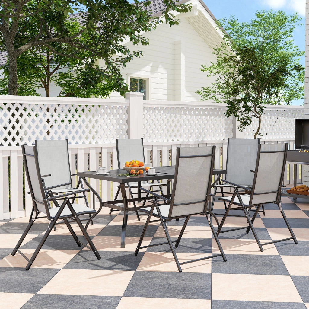 Set Salotto da Giardino 7 Pezzi con Tavolo da Pranzo con Foro per Ombrellone e 6 Sedie Pieghevoli Grigio
