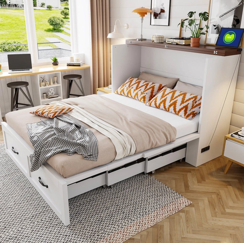 Letto pieghevole salvaspazio 140x200 cm con presa EU; struttura in metallo e legno; bianco