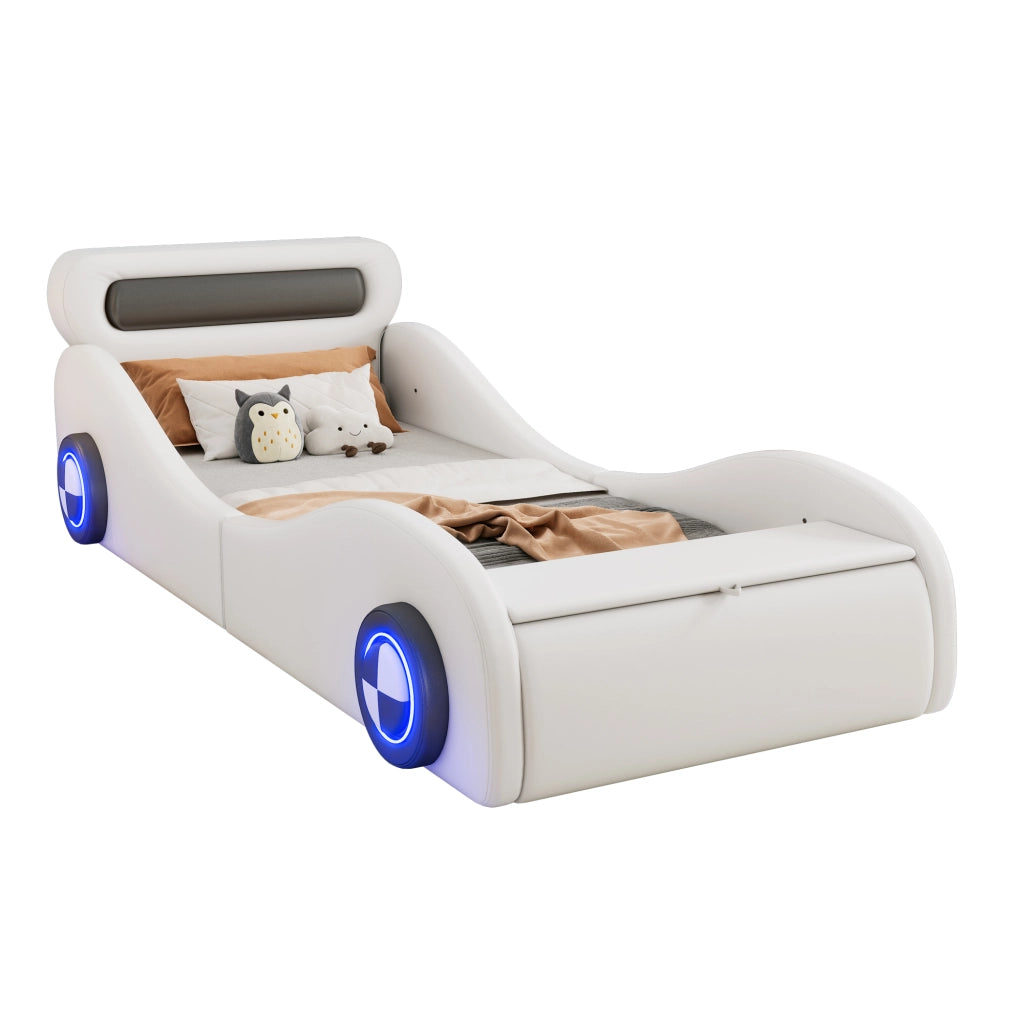 Letto Auto Imbottito per Bambini con Ruote LED e Contenitore ¨C MINIMAL ¨C PU Bianco 90x200