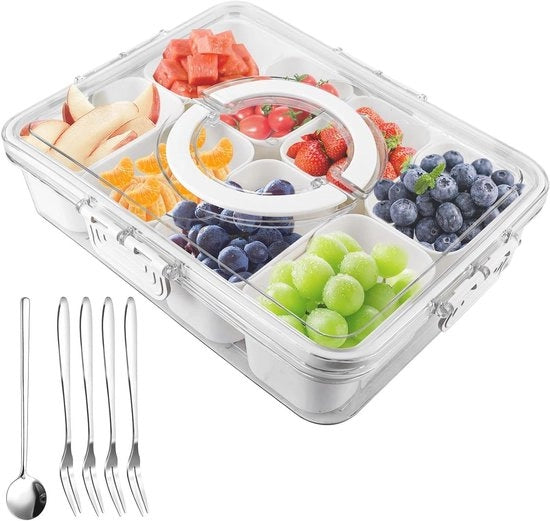 Snackbox con contenitori e coperchio, BPA-free, lavabile in forno a microonde, inclusa 4 forchette e 1 cucchiaio - ideale per frutta, noci, dolci, picnic e viaggio