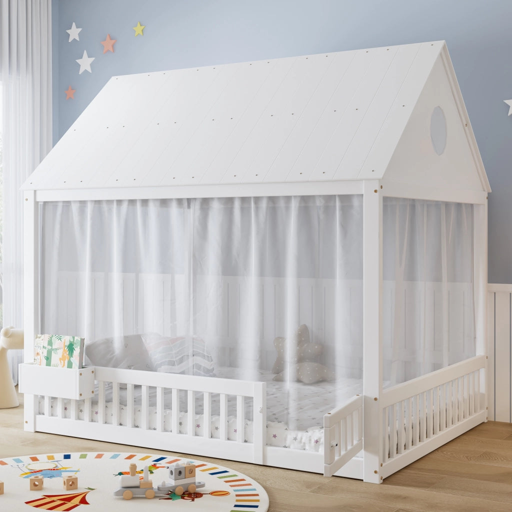 DESMIU Lit enfant 140 × 200 cm avec rangement, fenêtres décoratives, sans matelas, en bois massif et MDF, blanc