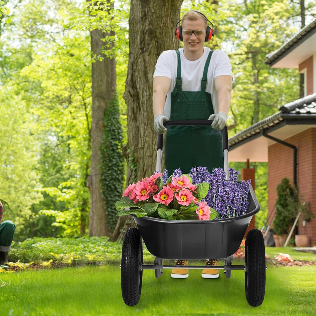 Carriola con 2 Ruote da Giardino, Carrello Resistente con Struttura in Acciaio Robusto, Ruote Pneumatiche 35,5 cm, Capacità 75L, Portata Max 100 kg (Nero)