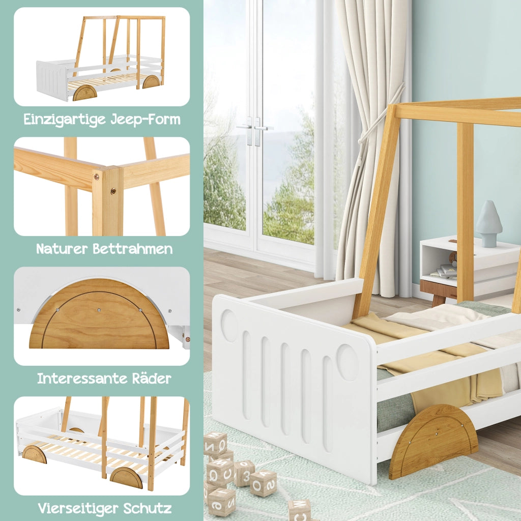 DESMIU Letto per bambini 1 posto con sponde, forma auto e struttura superiore, 90 × 200 cm, senza materasso, bianco