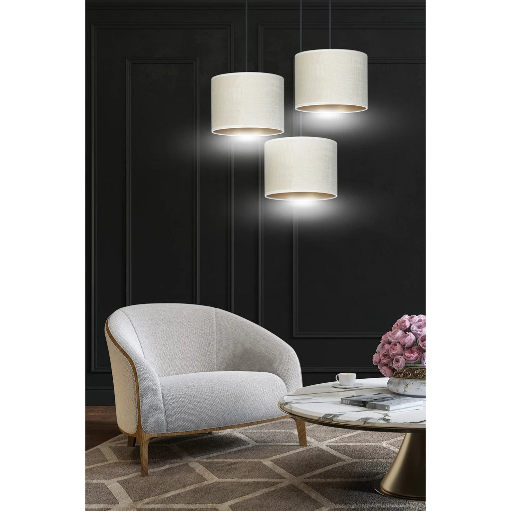 Lampadario Tondo 3 Luci Ganesha In Acciaio Nero E Paralumi In Tessuto Beige