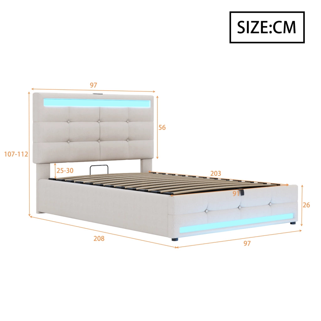 LETTO Imbottito LED 90x200 cm Beige con 2 porte USB