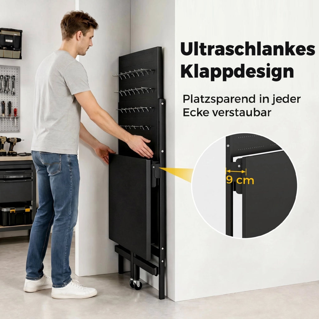 Banco da lavoro mobile pieghevole con pannello forato ¨C Minimal ¨C Nero, acciaio, 120x60x90 cm