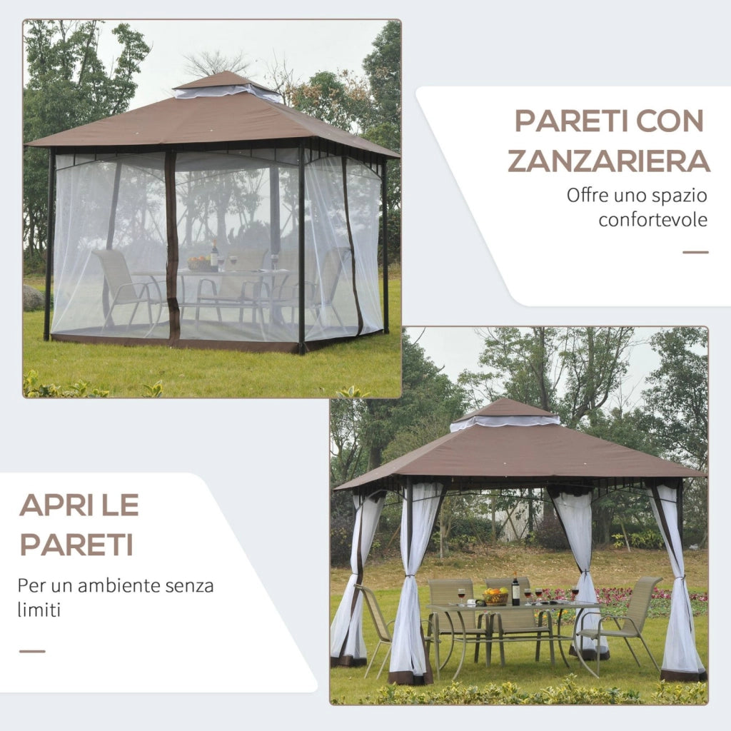EasyComfort Gazebo da Giardino 3x3m con Zanzariera, Tetto a 2 Livelli e Struttura in Metallo Marrone